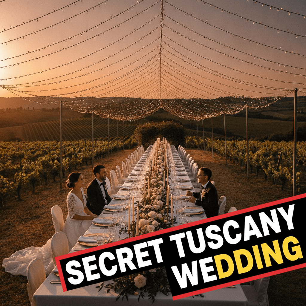 Elegant Tuscany wedding venue with string lights and vineyard hills at sunset