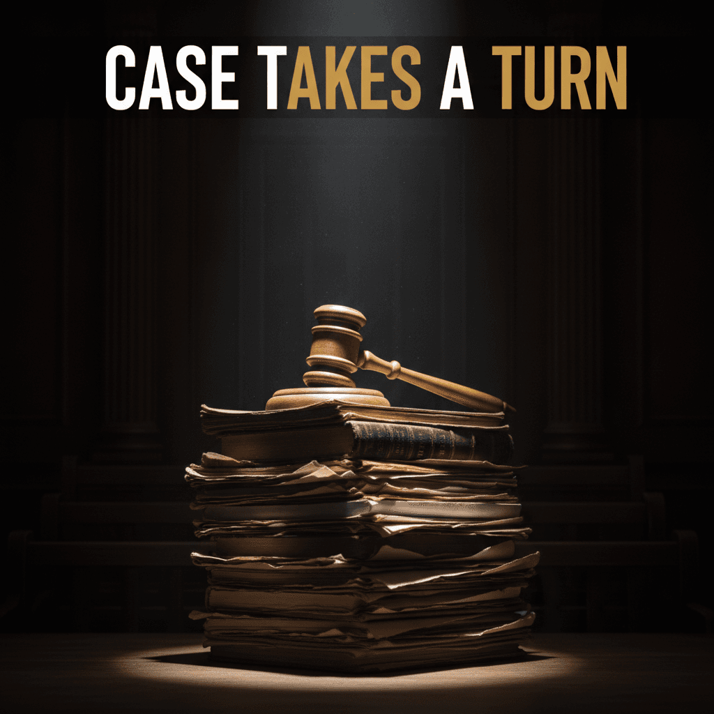 Wooden judge's gavel resting on legal documents under a spotlight, dramatic editorial legal news thumbnail