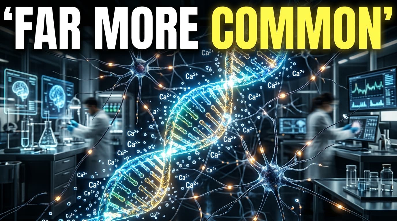 Digital representation of a human DNA double helix glowing with calcium channel molecular markers