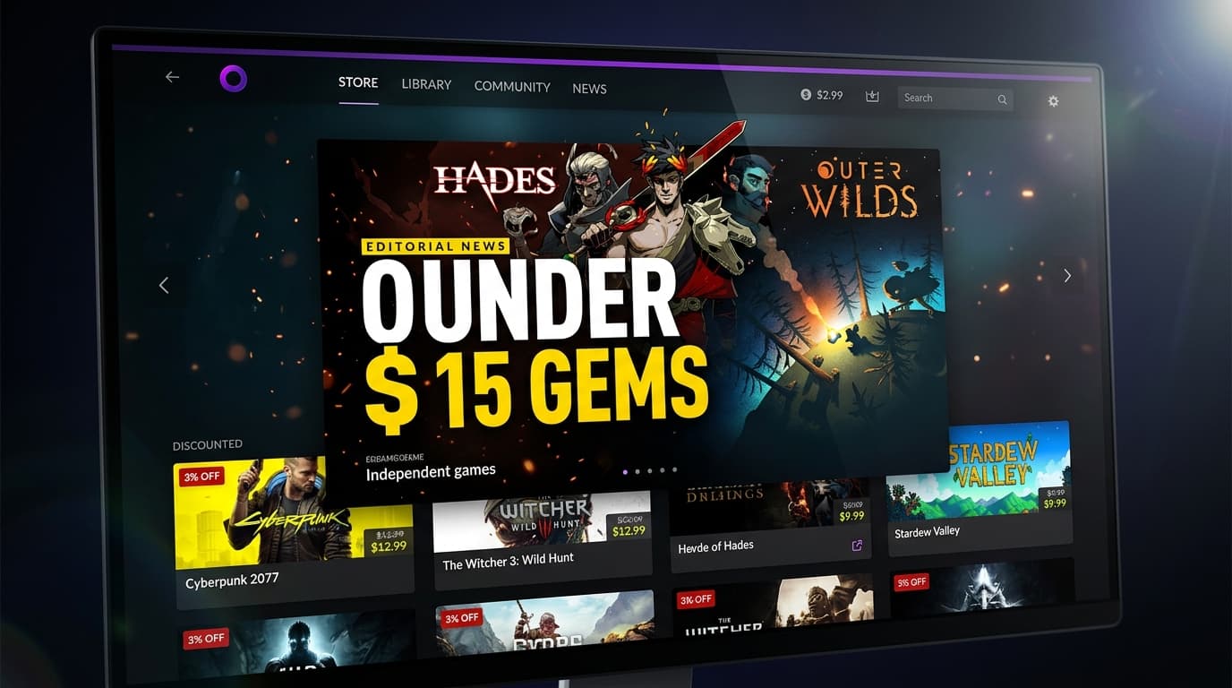 A high-end PC gaming setup displaying digital game deals on multiple glowing monitors